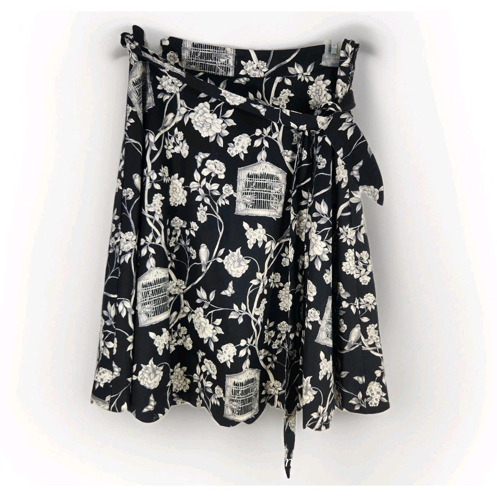 TALBOTS Size 4P A-Line Skirt Scallop Hem Lined Black White Toile Birdcage Floral